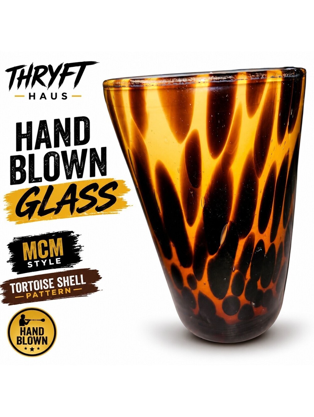 Hand Blown Glass Tumblers Set of 1 Tortoise Shell Amber Brown Highball Glasses